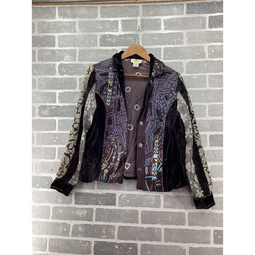 Sandy Starkman Art to Wear Patchwork Beaded Velvet Jacket Womens Medium Black